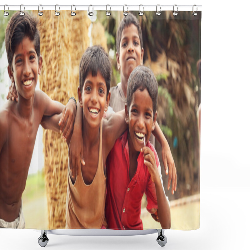 Personality  NANNILAM, INDIA - 09 MAY 2016: Portrait Of Happy Kids Outdoor Looking At Camera Shower Curtains