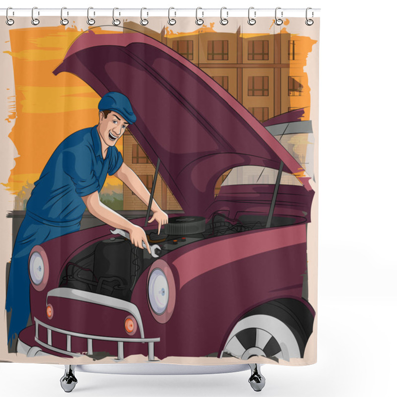 Personality  Retro Man Repairing Car In Garage Shower Curtains