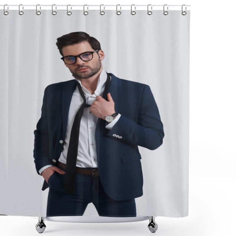 Personality  Exhausted Young Man In Suit Looking At Camera And Taking Off His Necktie While Standing Against Grey Background Shower Curtains