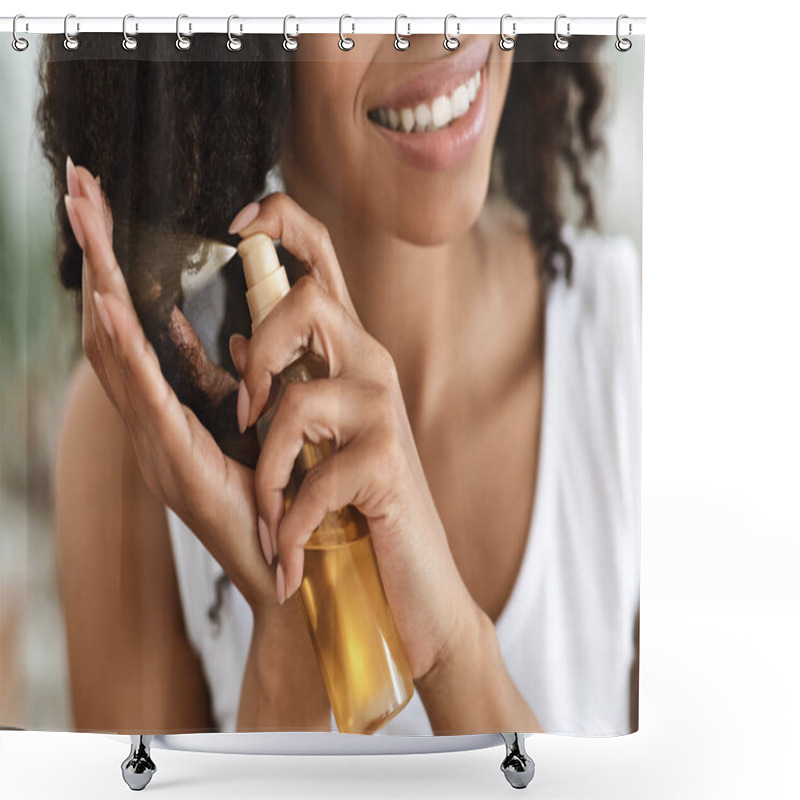 Personality  Split Ends Treatment. Smiling Black Woman Spraying Essential Oil On Curly Hair Shower Curtains