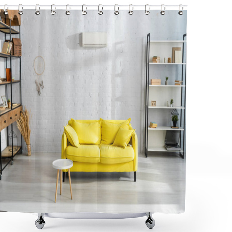 Personality  Interior Of Living Room With Coffee Table Near Yellow Couch  Shower Curtains