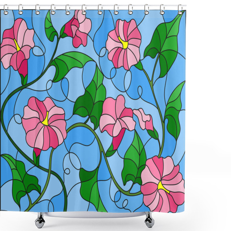 Personality  Illustration In Stained Glass Style Flowers Loach, Pink Flowers And Leaves On Blue  Background Shower Curtains