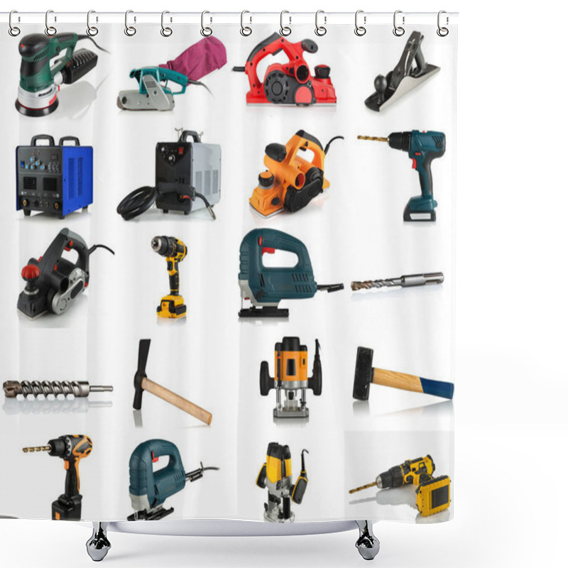 Personality  Set Of Hand Tools, Power Tools, Welding Equipment On White Background Shower Curtains