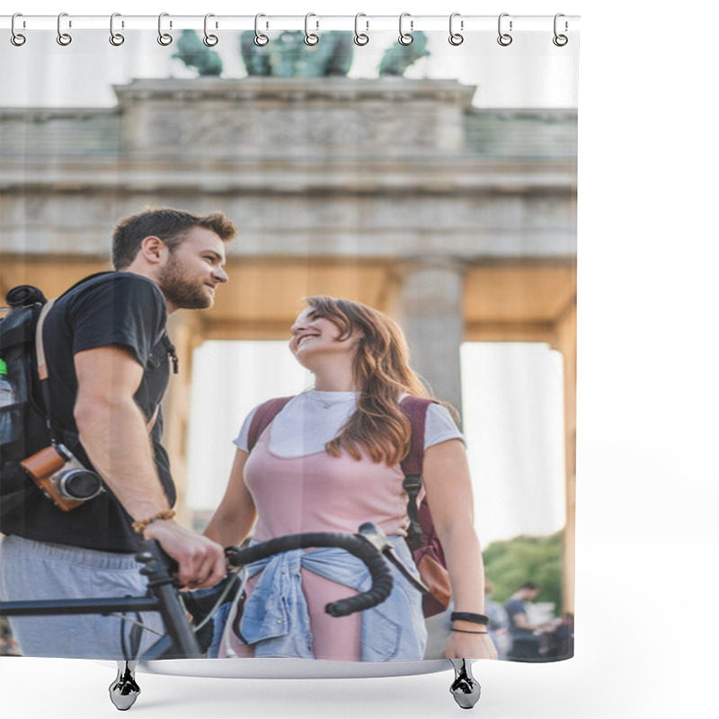 Personality  Low Angle View Of Travelers With Backpacks And Bicycle In Front Of Brandenburg Gate, Berlin, Germany  Shower Curtains