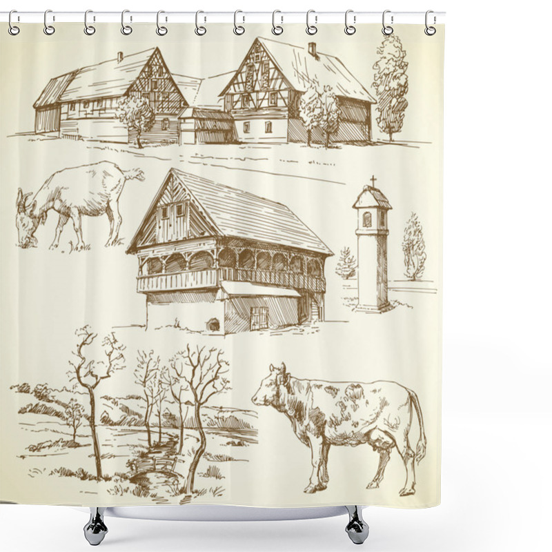 Personality  Farm, Rural Landscape, Agriculture - Hand Drawn Collection Shower Curtains