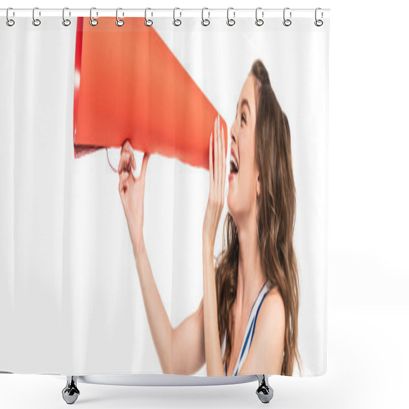 Personality  Happy Cheerleader Girl In Blue Uniform With Pompom Using Orange Megaphone Isolated On White, Panoramic Shot Shower Curtains