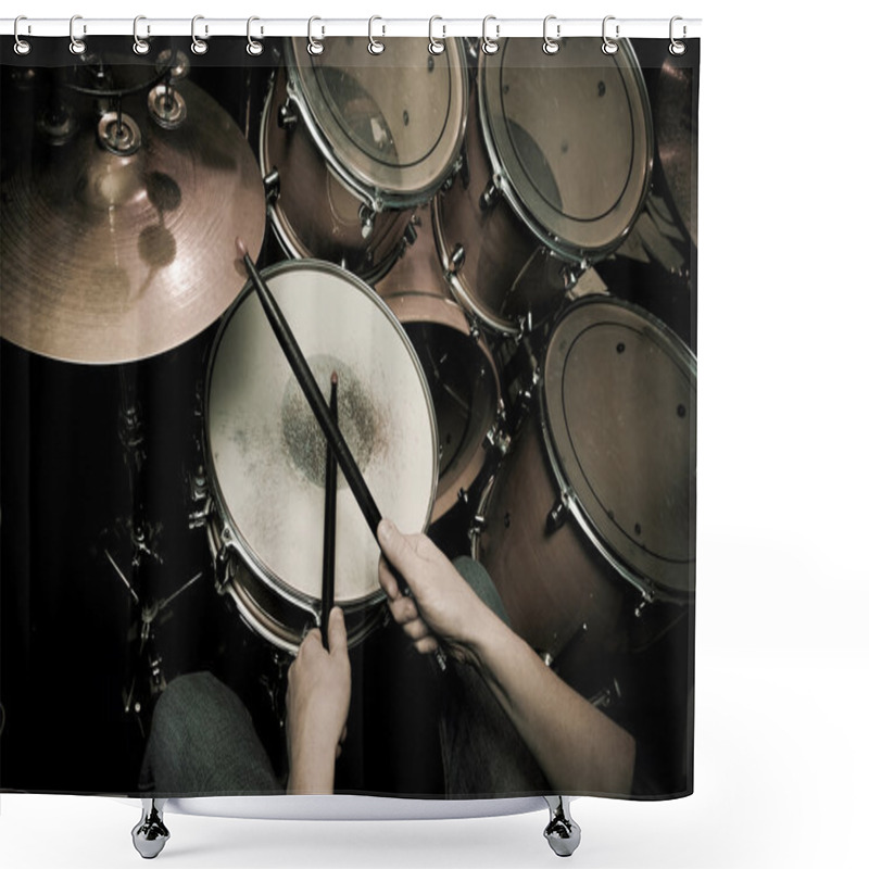 Personality  The Drummer In Action. A Photo Close Up Process Play On A Musical Instrument Shower Curtains