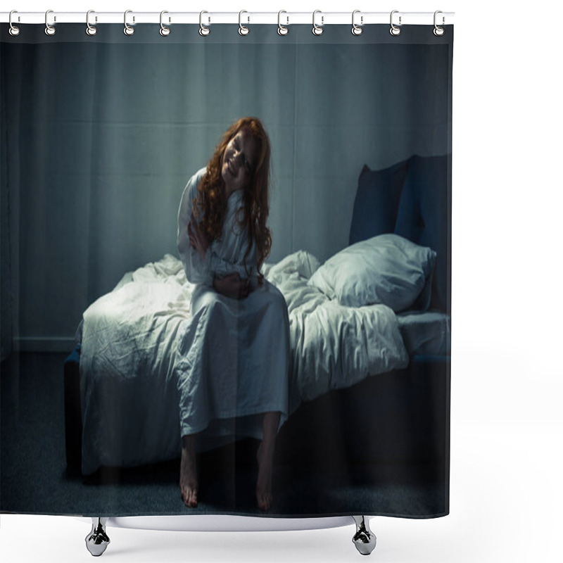 Personality  Crazy Demoniacal Smiling Woman In Nightgown Sitting On Bed Shower Curtains