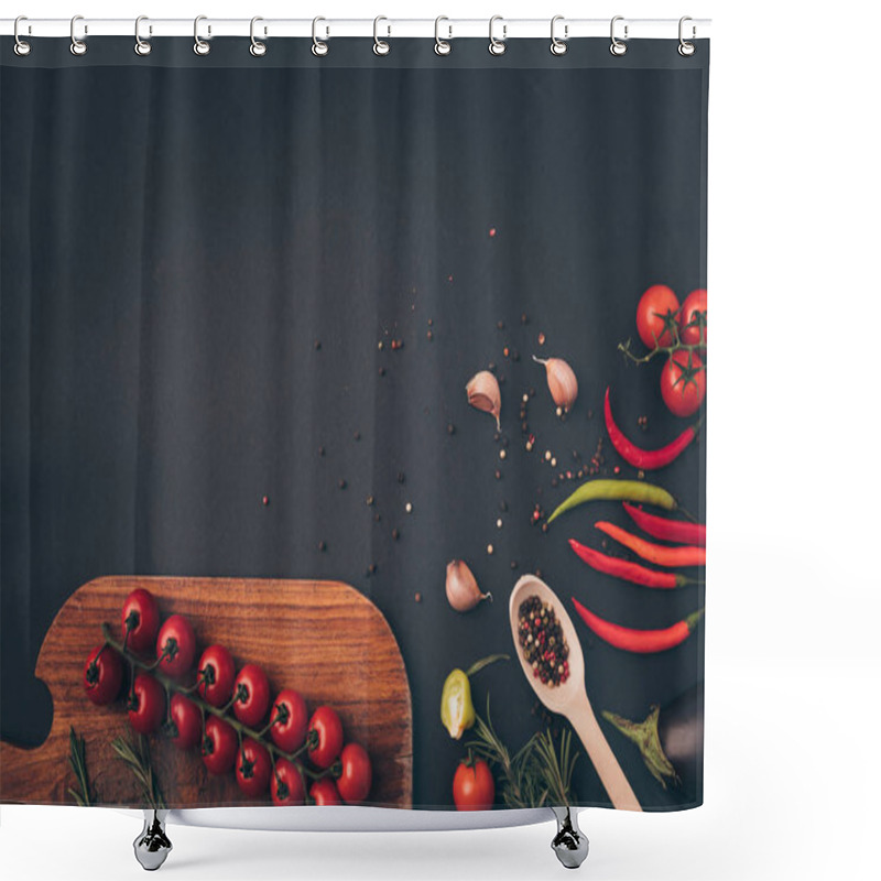 Personality  Top View Of Cherry Tomatoes And Spices On Gray Table Shower Curtains