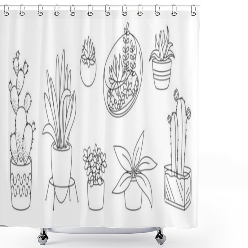 Personality  Plant Succulent Potted Ceramic Flat Black Line Set Shower Curtains