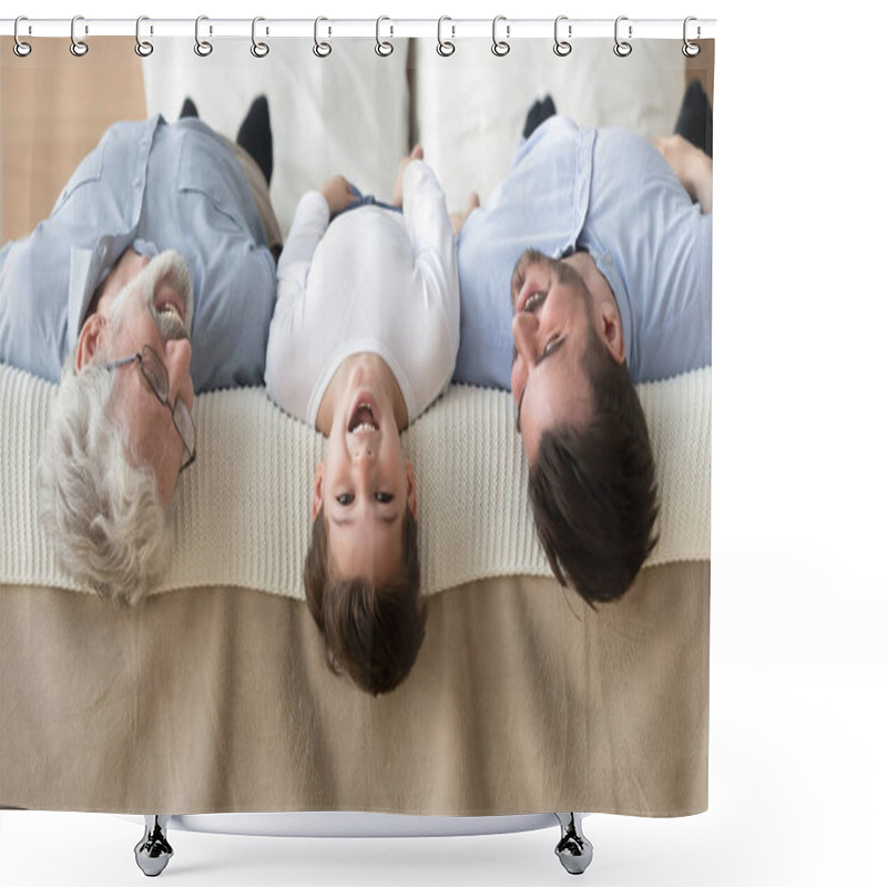 Personality  Grandfather Grown Up Son Grandson Lies On Bed Heads Down Shower Curtains