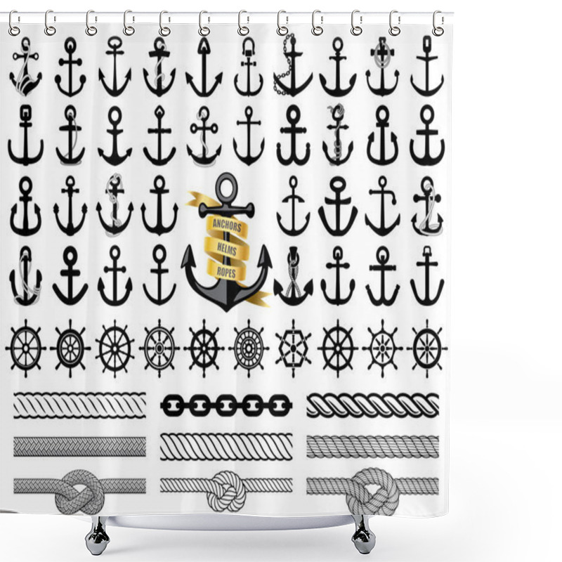 Personality  Set Of Anchors, Rudders Icons, And Ropes. Vector Illustration. Shower Curtains