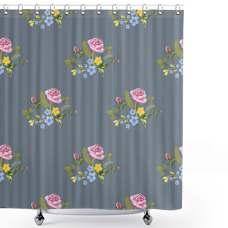 Personality  Seamless Floral Pattern With Pink Roses And Blue Wildflow Shower Curtains