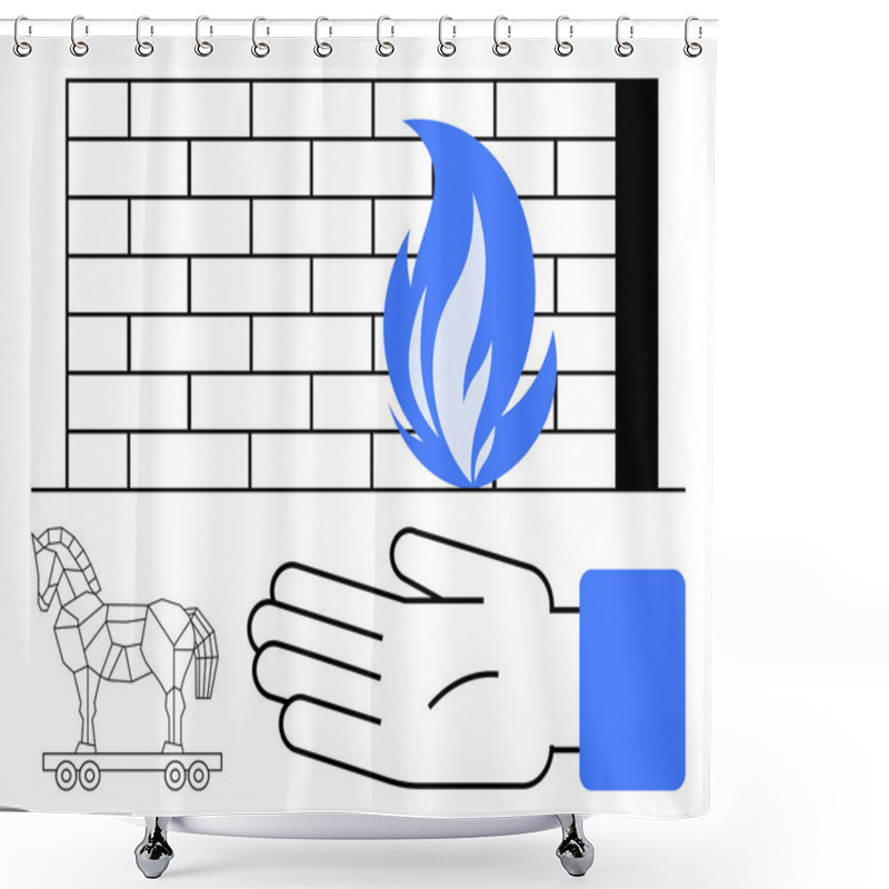 Personality  Brick Wall, Blue Flame, Articulated Hand, Wooden Trojan Horse On Wheels. Ideal For Cybersecurity, Defense, Online Safety, Firewall Protection Hacking Prevention Digital Security Technology. Line Shower Curtains