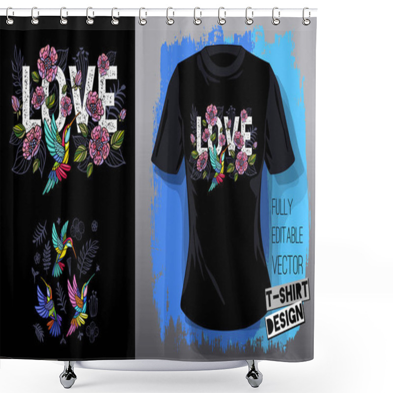 Personality  Hummingbirds Cool Flowers, Leaves, Birds, Floral Love Embroidery Textile Fabrics T Shirt Design Lettering Wings Insect Luxury Fashion Embroidered Style Hand Drawn Vector Illustration Shower Curtains