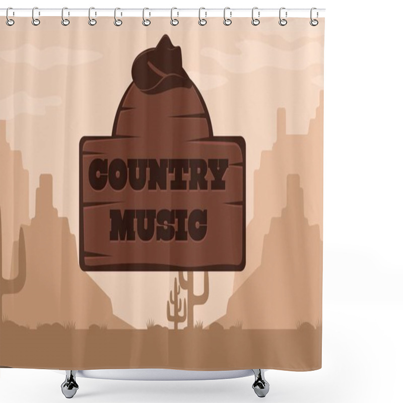 Personality  Country Music Poster With Cowboy Hat On The Background Of A Scenic Landscape. Vector Illustration On The Theme Of The Wild West With Desert American Prairies In Retro Style Shower Curtains