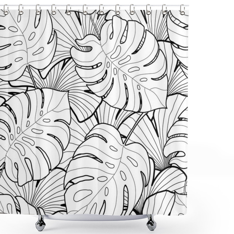 Personality  Black And White Graphic Tropical Leaves Seamless Pattern Shower Curtains