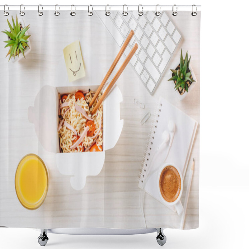 Personality  Elevated View Of Wok Box With Chopsticks, Orange Juice, Symbol Of Smile And Coffee Cup At Table In Office  Shower Curtains