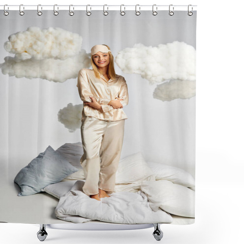 Personality  Beautiful Blonde Woman In Cozy Pajamas Standing Atop A Pile Of Pillows In A Dreamy, Ethereal Setting. Shower Curtains