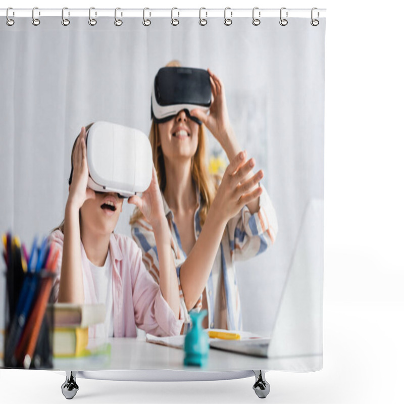 Personality  Selective Focus Of Excited Kid Using Vr Headset Near Mother During Online Education  Shower Curtains