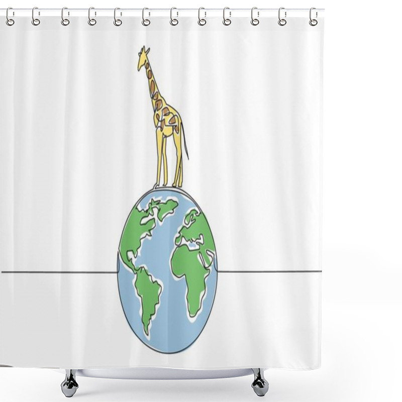 Personality  Single Continuous Line Drawing Globe With Giraffe On Top. Preserve Forests And Savannas. Stop Illegal Logging. Natural Habitat. Biodiversity. World Wildlife Day. One Line Design Vector Illustration Shower Curtains