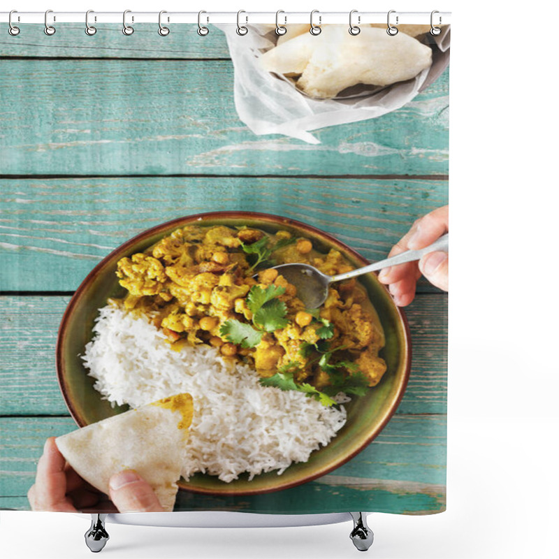 Personality  Cauliflower Spicy Curry With Rice And Naan Bread On Wooden Background Shower Curtains