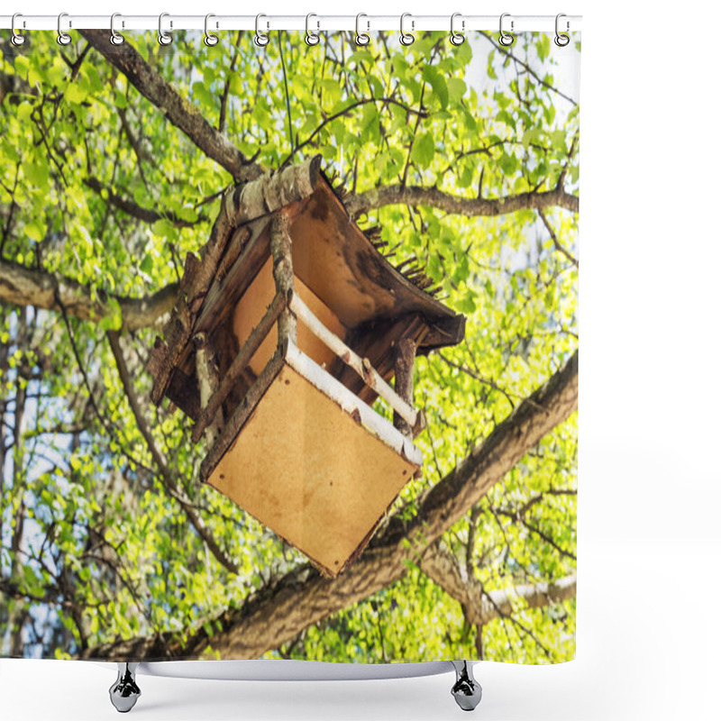 Personality  Wooden Bird House Hanging On The Green Tree, Detailed Natural Sc Shower Curtains