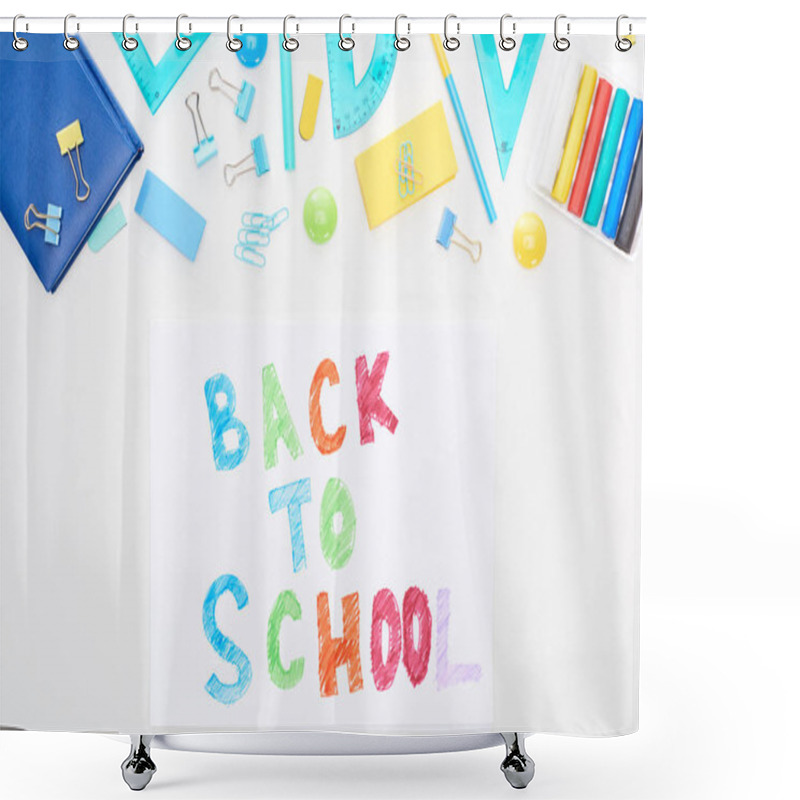 Personality  Top View Of Paper With Back To School Text Near School Supplies Isolated On White Shower Curtains