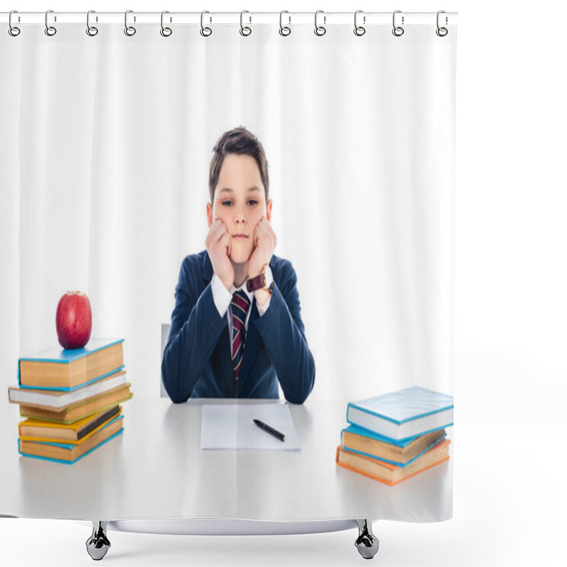 Personality  Sad Schoolboy Sitting At Desk With Books And Propping Chin Isolated On White Shower Curtains