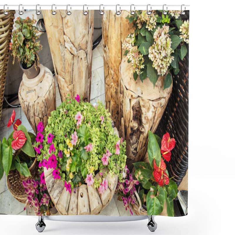 Personality  Various Flowers In Wooden Pots, Gardening Theme Shower Curtains