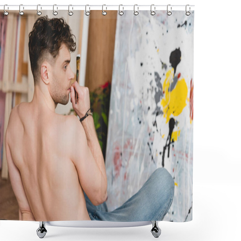 Personality  Selective Focus Of Handsome Half-naked Artist Sitting On Floor In Front Of Canvas With Picture Shower Curtains