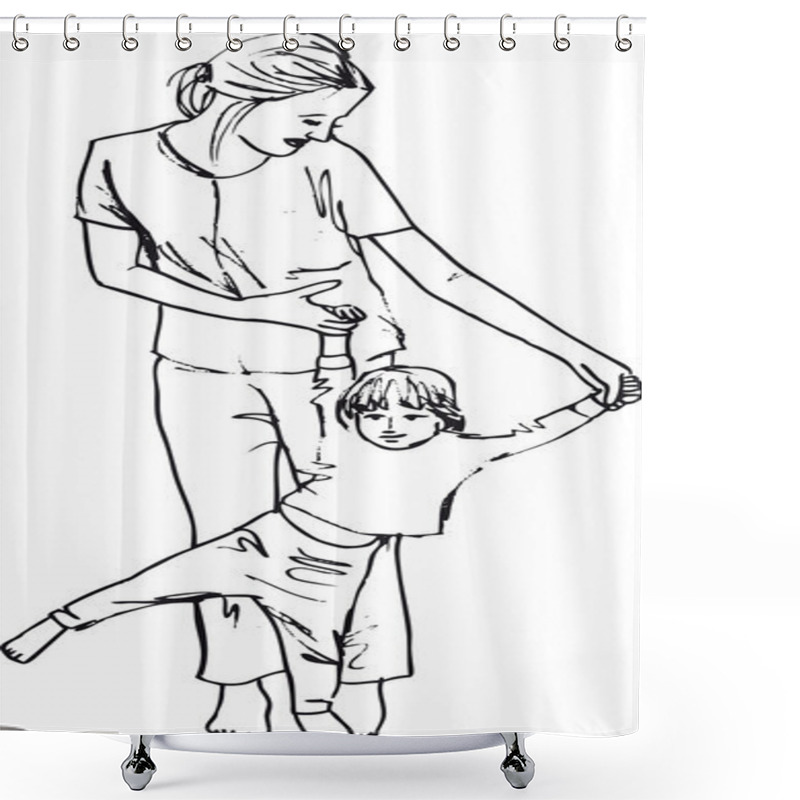 Personality  Sketch Of Little Girl Having Fun With Her Beautiful Mother. Vect Shower Curtains