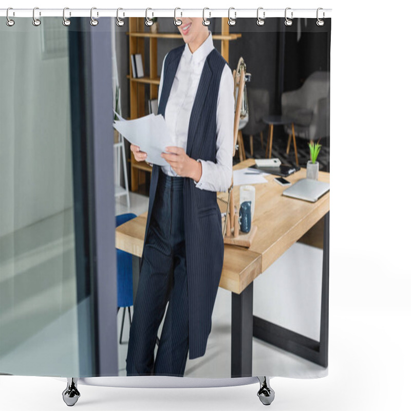 Personality  Businesswoman Reading Paperwork In Office Shower Curtains