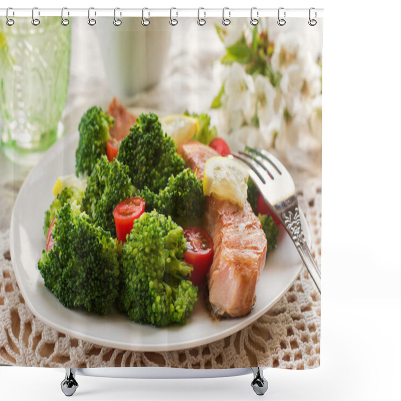 Personality  Salmon Teriyaki With Broccoli And Tomatoes Shower Curtains