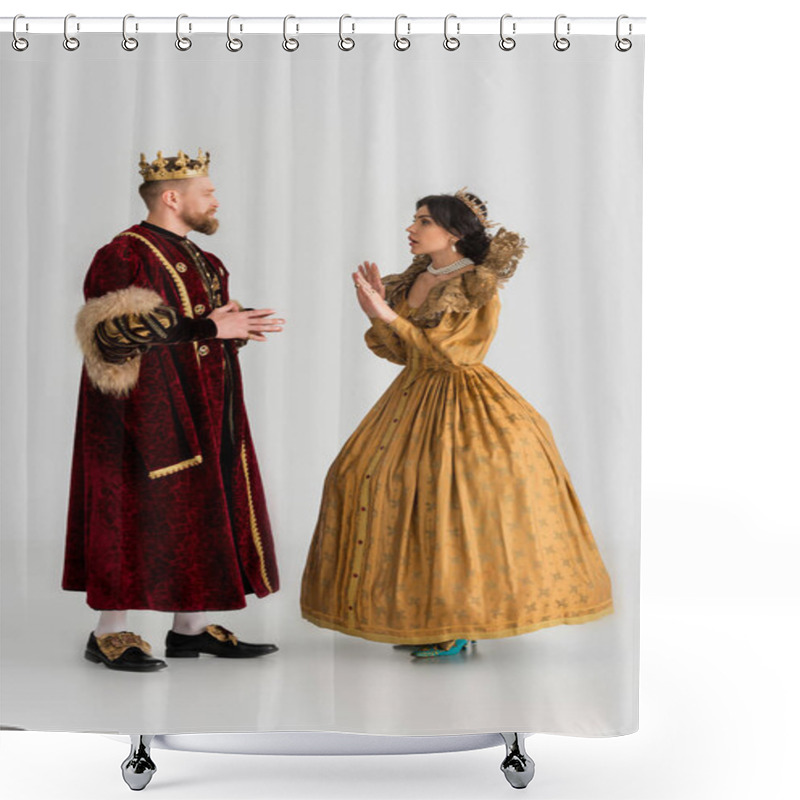 Personality  Side View Of Shocked Queen Showing No Gesture To King With Crown On Grey Background  Shower Curtains