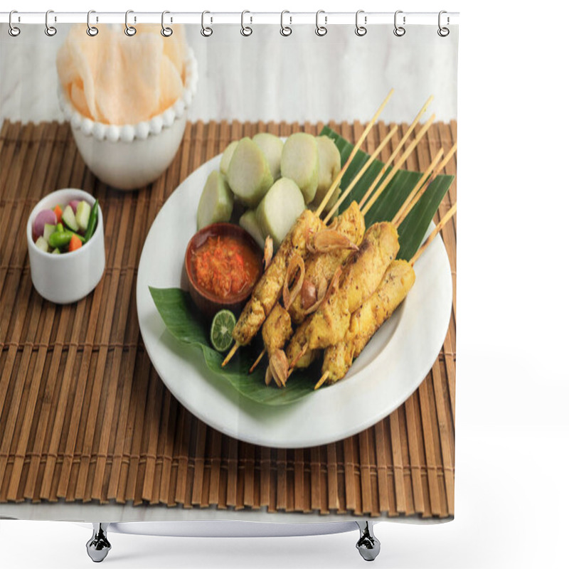 Personality  Sate Ayam Bumbu Kuning Or Chicken Satay With Turmeric Spice, Served With Lontong And Kerupuk, Indonesian Popular Street Food Shower Curtains