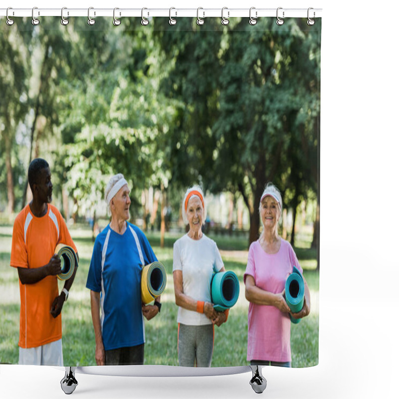 Personality  Happy Retired And Multicultural Pensioners Holding Fitness Mats In Park  Shower Curtains