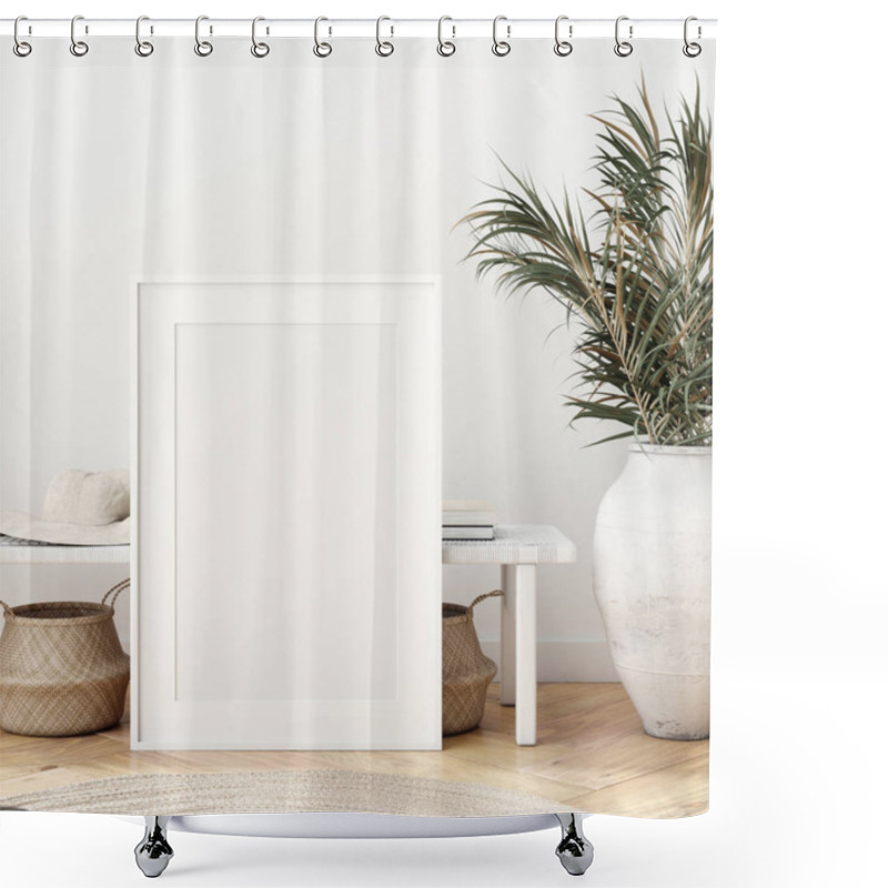 Personality  Mock Up Poster In Scandinavian Interior With Bench, Baskets And Palm Branches In Pots, 3d Render Shower Curtains