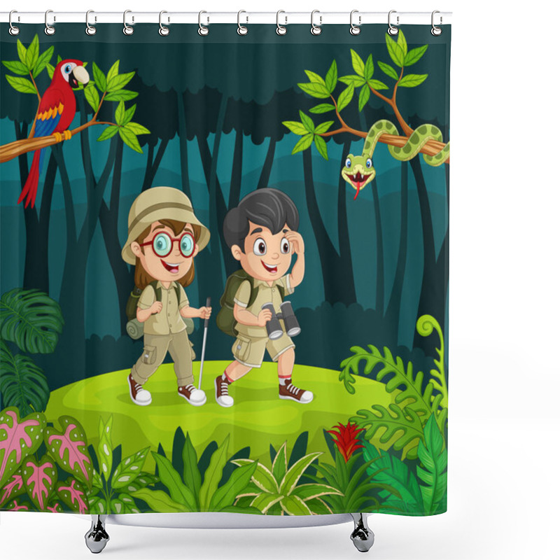 Personality  Vector Illustration Of Cartoon Explorer Kids With Animals In The Jungle Shower Curtains