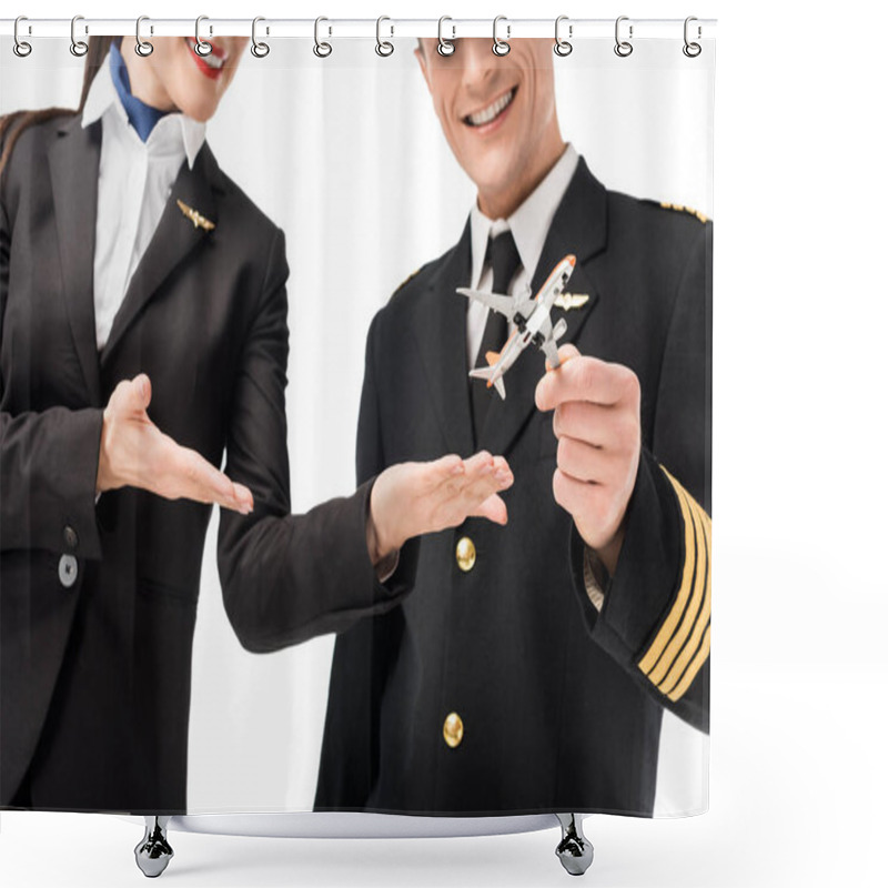 Personality  Smiling Stewardess And Pilot Holding Toy Plane Isolated On White Shower Curtains