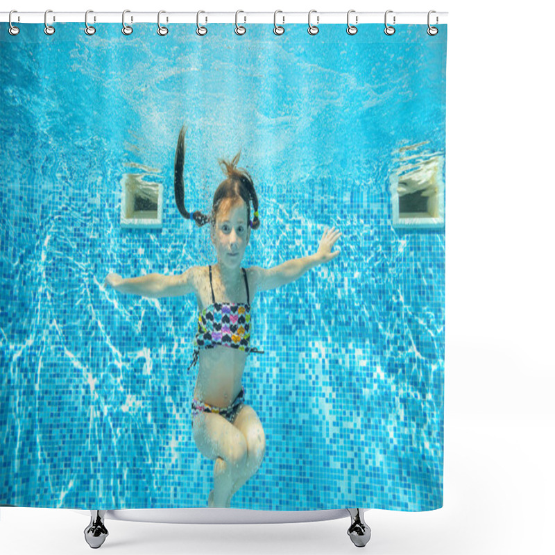 Personality  Girl Jumps And Swims In Pool Underwater, Happy Active Child Has Fun In Water, Kid Sport On Family Vacation Shower Curtains