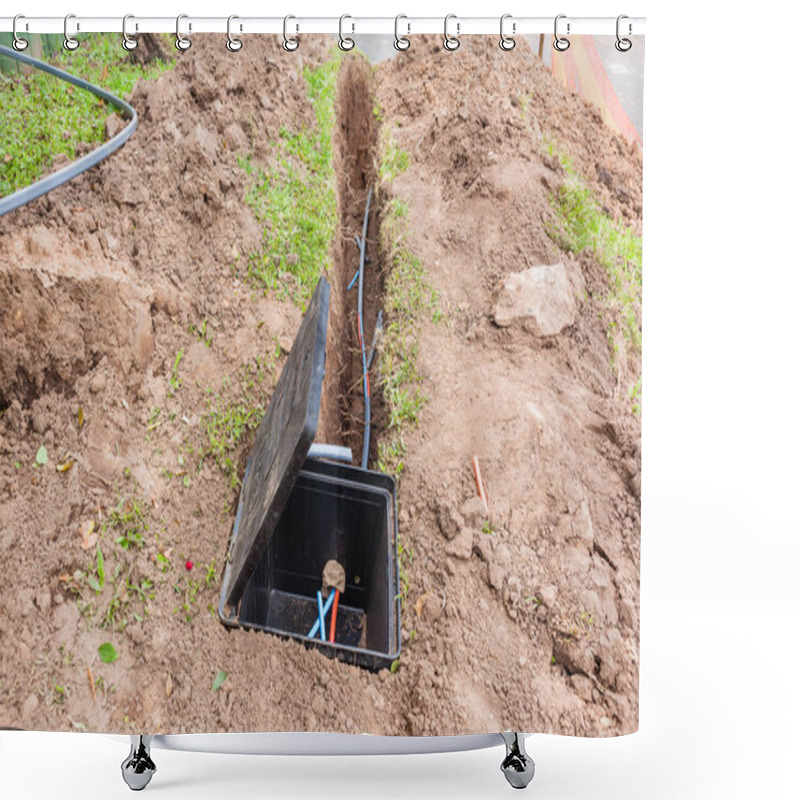 Personality  New Internet Fast Speed Fiber Optic Cables Been Installed Underground In Trenches Along Road Front Of Residential Homes . Shower Curtains