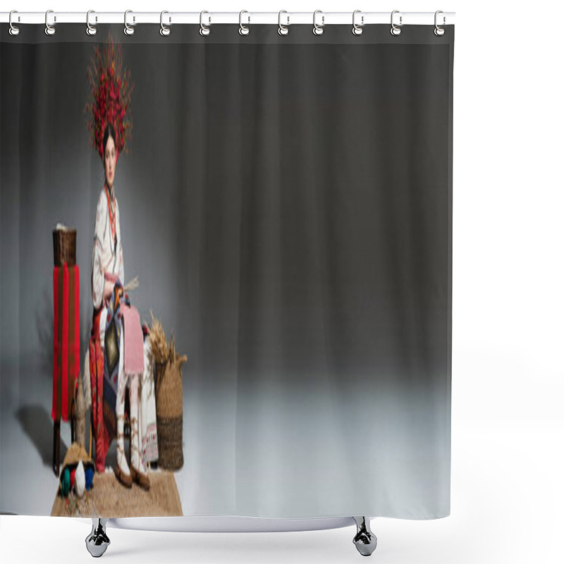 Personality  Full Length Of Young Ukrainian Woman In Traditional Clothes And Red Floral Wreath Holding Knitting Needles On Dark Grey, Banner Shower Curtains