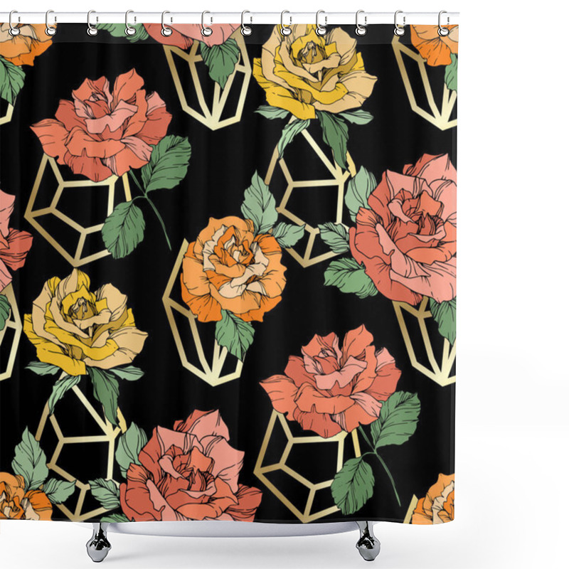 Personality  Orange, Yellow And Coral Roses. Engraved Ink Art. Seamless Background Pattern. Fabric Wallpaper Print Texture On Black Background. Shower Curtains