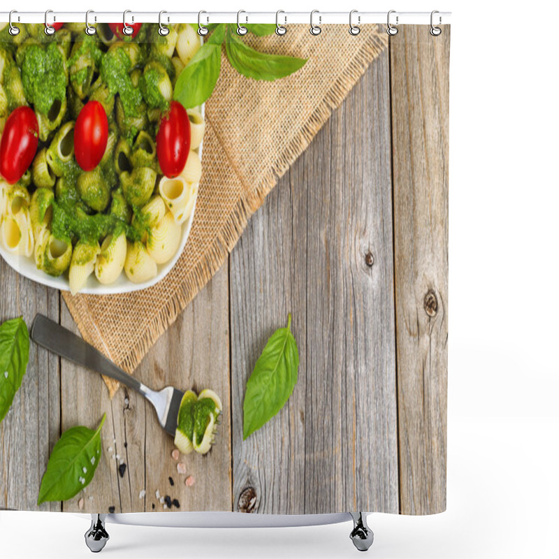 Personality  Fresh Basil Pesto Dish With Cherry Tomatoes On Rustic Wood Shower Curtains