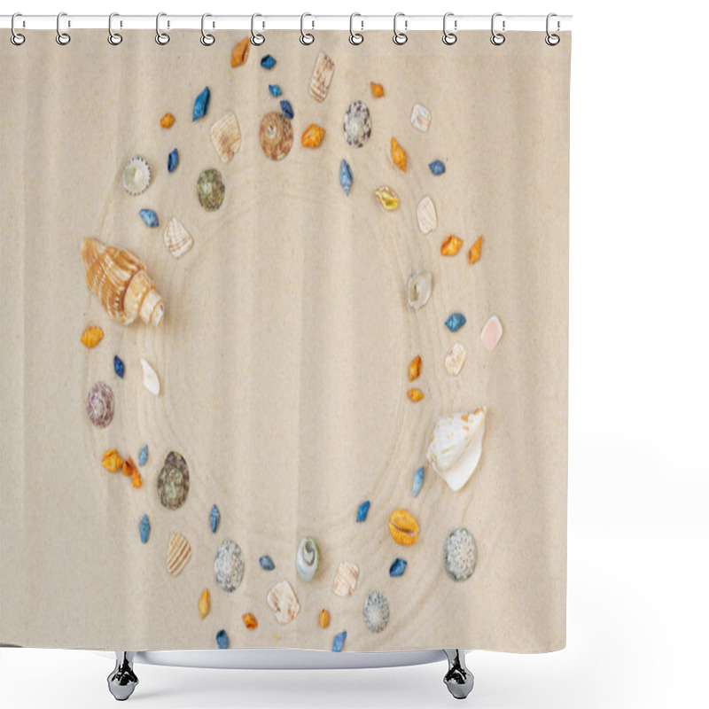 Personality  Seashells Frame On Beach Sand Background. Natural Seashore Textured Surface, Top View, Copy Space Shower Curtains