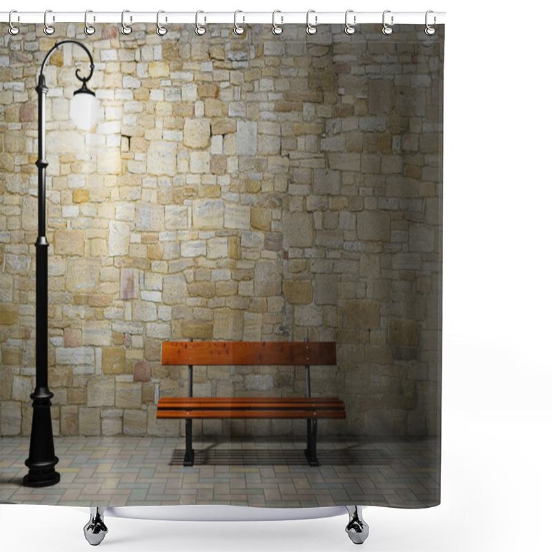 Personality  Illuminated Brick Wall With Old Street Light And Bench Shower Curtains