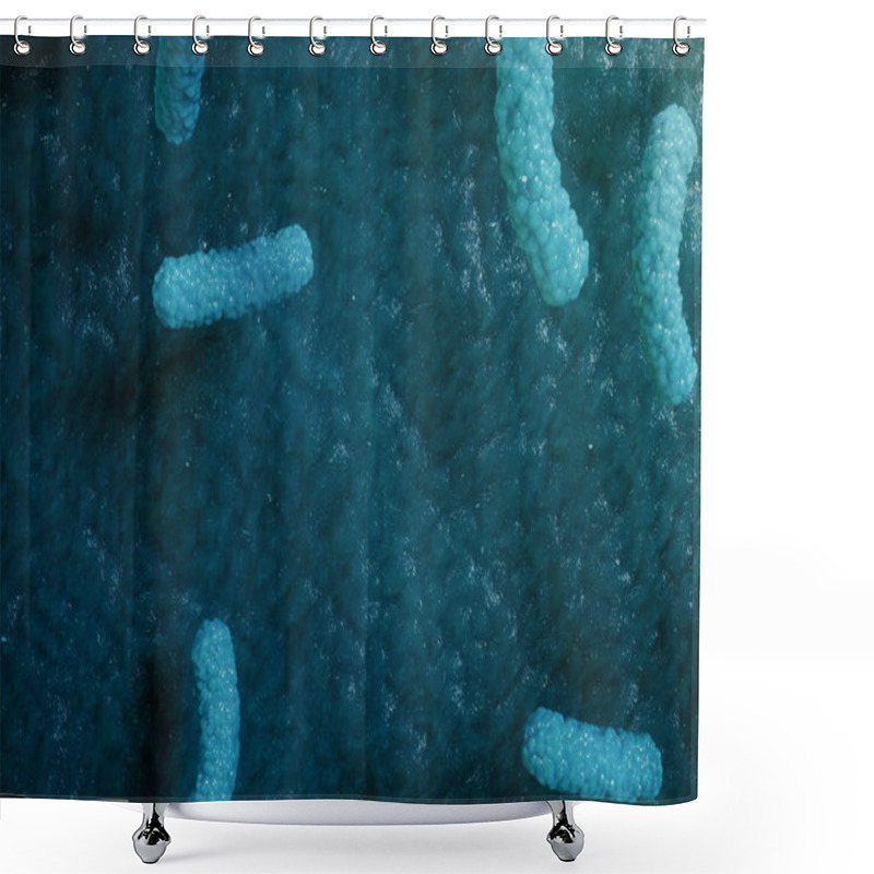 Personality  3d Illustration Viral Infection Causing Chronic Disease. Hepatitis Viruses, Influenza Virus H1N1, Flu, Cell Infect Organism, Aids. Virus Abstract Background. Shower Curtains