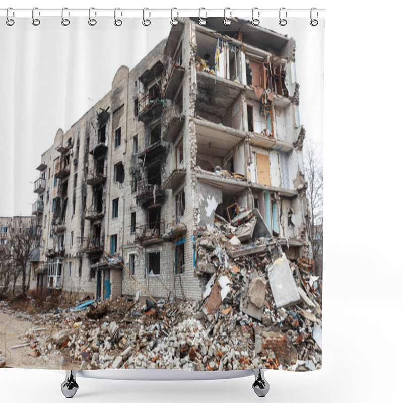 Personality  View Of An Apartment Block Destroyed In An Explosion Caused By Rocket Fire In Izyum, Kharkiv Reg. Ukraine Shower Curtains