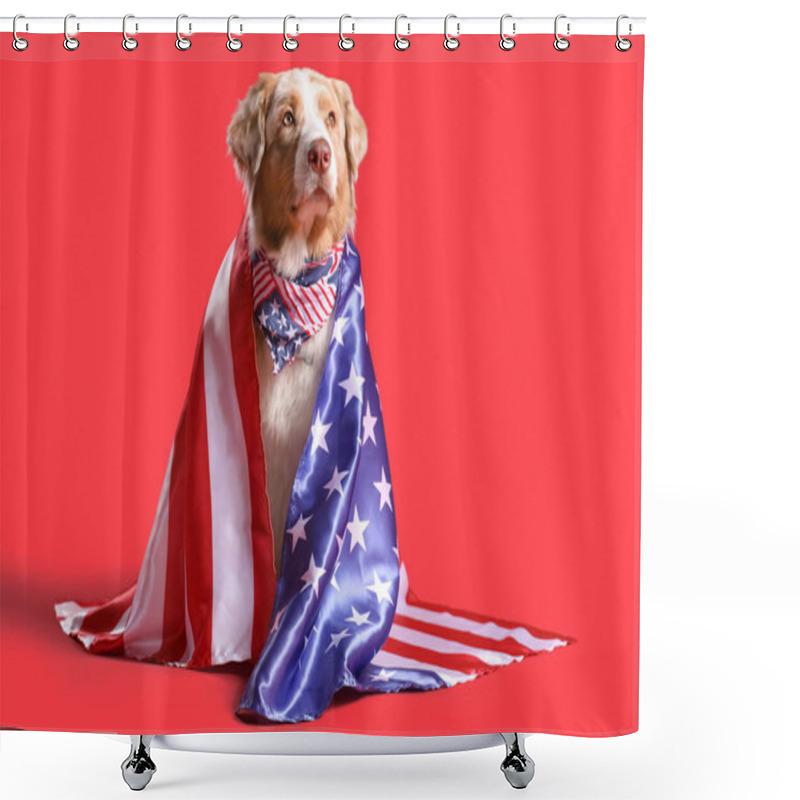 Personality  Cute Australian Shepherd Dog With Scarf And USA Flag On Red Background Shower Curtains